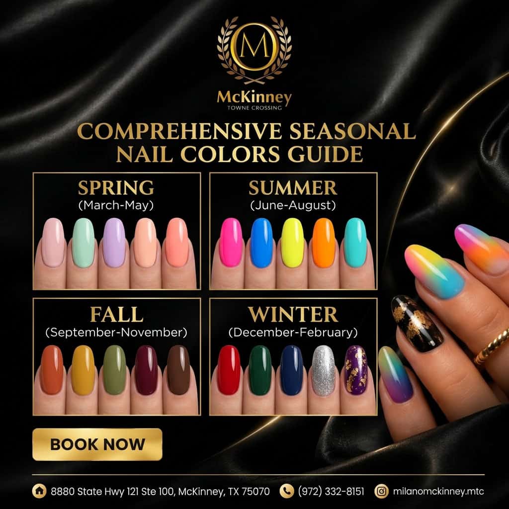 A comprehensive seasonal nail colors guide chart showing top manicure palettes for spring summer fall and winter