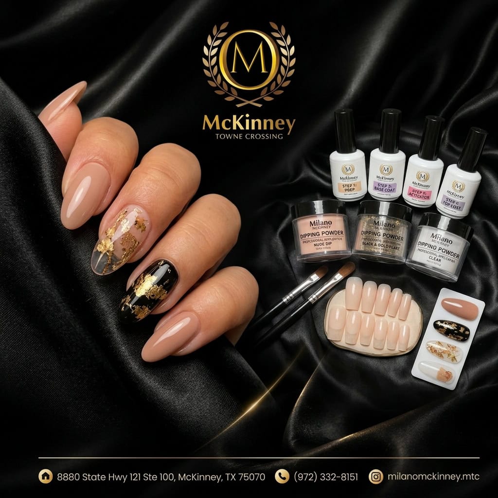 A fresh set of dipping powder manicures on natural nails highlighting 