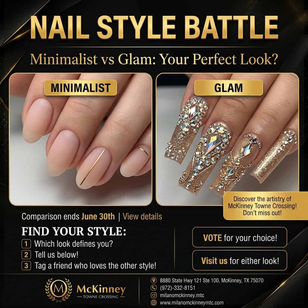 A side by side comparison of minimalist vs glam nails styles featuring simple nude art and rhinestone encrusted extensions