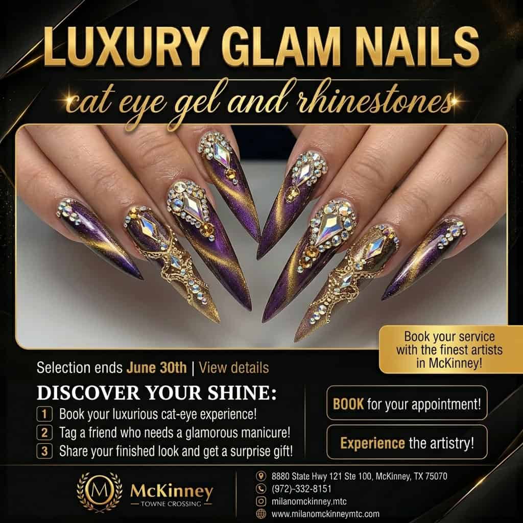 Luxury glam nails with cat eye gel and rhinestones at Milano Nail Spa McKinney